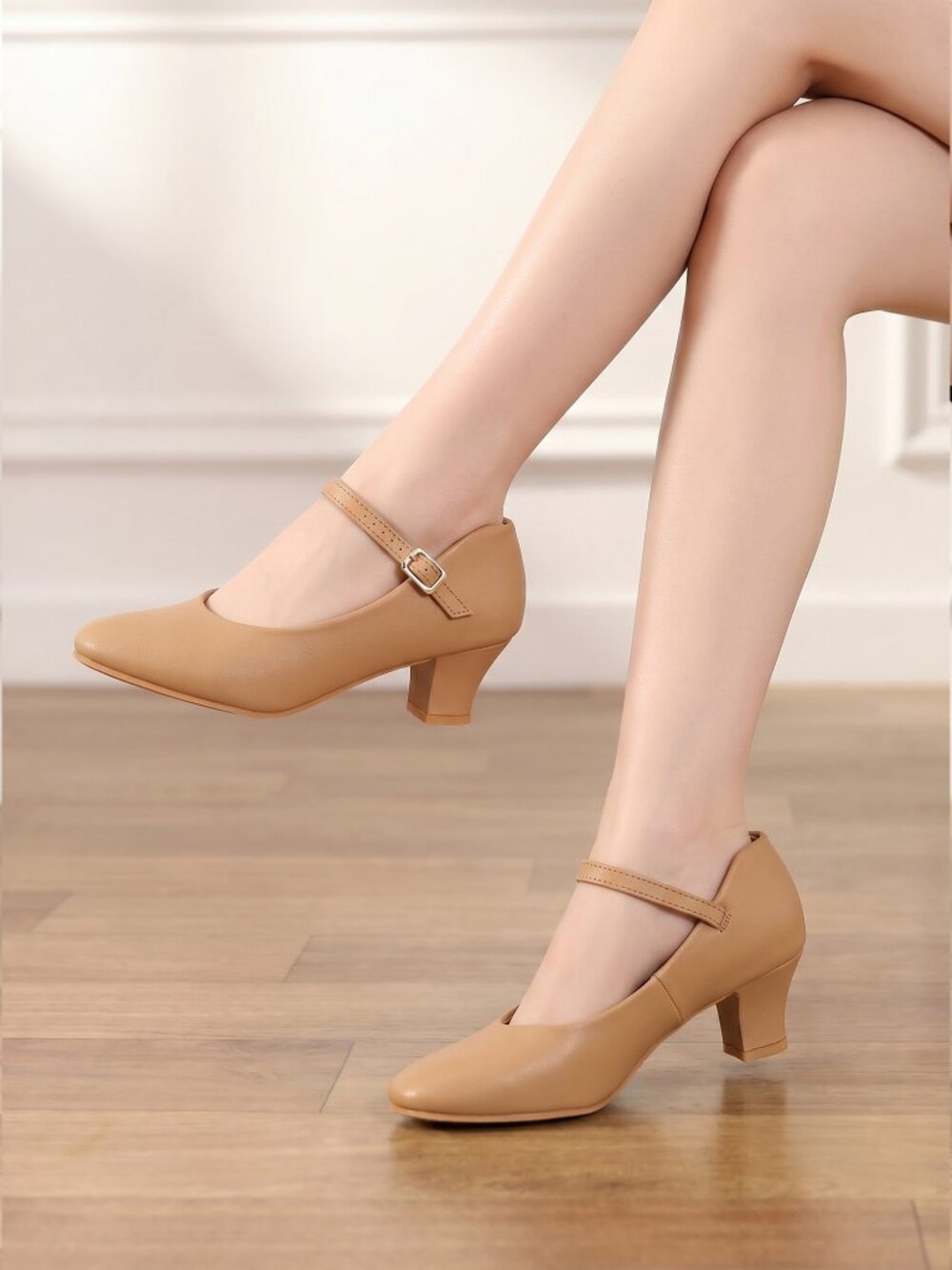 Linodes Tan 2" Heel Ankle Strap Character Shoes Ballroom Theater Dance